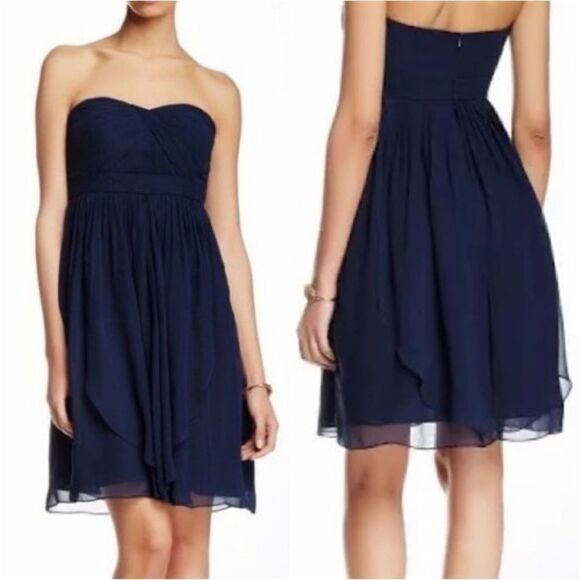 Jenny Yoo Keira Convertible Navy Chiffon Strapless Bridesmaid Mini Dress Size 6 - Picture 1 of 11